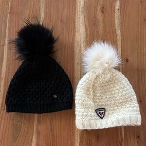Two Rossignol Beanies Pompoms White and Black Ski Wear